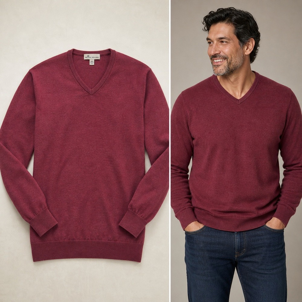 Peter‎ Millar Mens XXL Burgundy Merino Wool Silk V-Neck Pullover Sweater Red 713